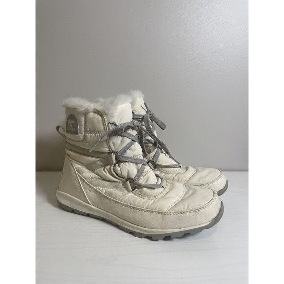 SOREL Whitney Short Lace Off-White Quilted Faux Fur-Lined Winter Boots Size 10 - Picture 1 of 9